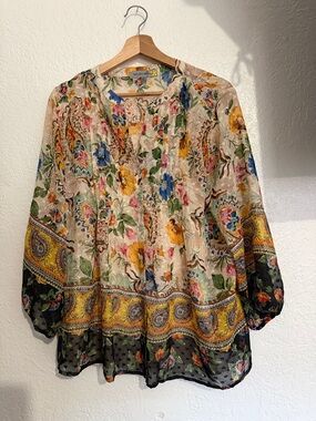 Piazza Sempione Cream Floral Paisley Peasant Blouse with Yellow and Blue Accents